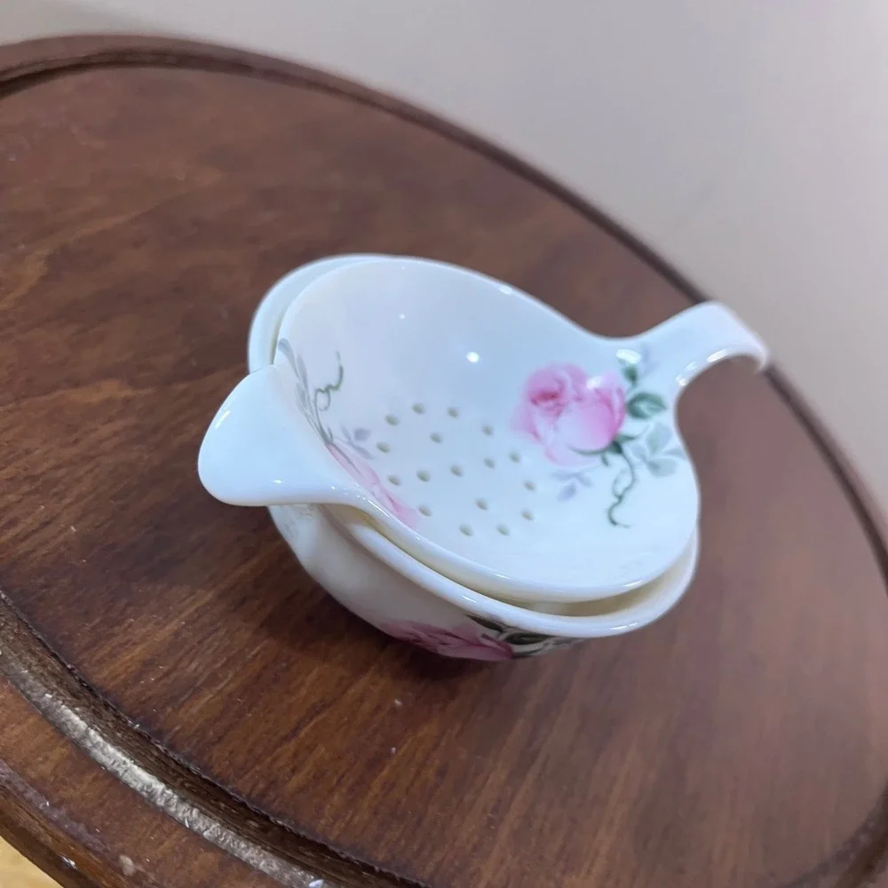 Vtg Allyn Nelson Porcelain Tea Strainer and Drip Bowl Set Pink Rose Floral 2pc